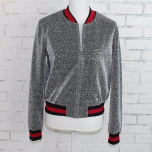 Forever 21 Silver Sparkle Jacket-Red & Black Trim